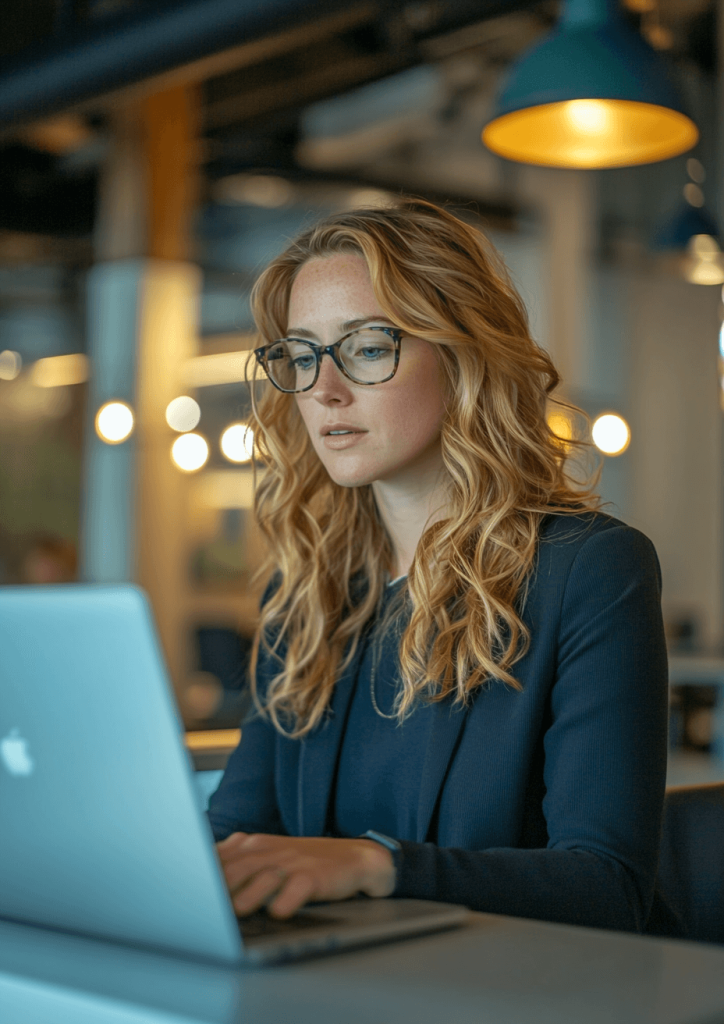 A business owner in a modern office working on her laptop to find freelance talent.