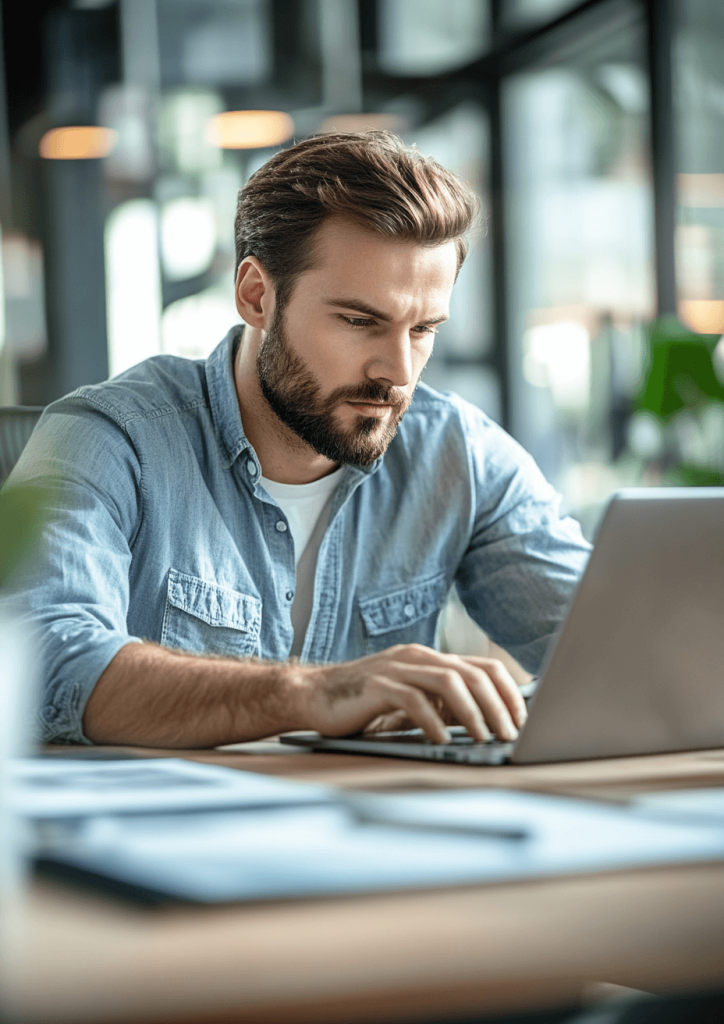 A man sits at his desk working on the computer. He is a freelancer for ResultsResourcing.