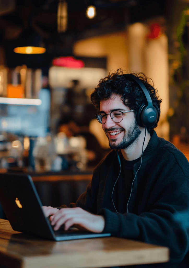 A young man on an Apple laptop in a coffee shop. He is a freelance virtual assistant for ResultsResourcing.