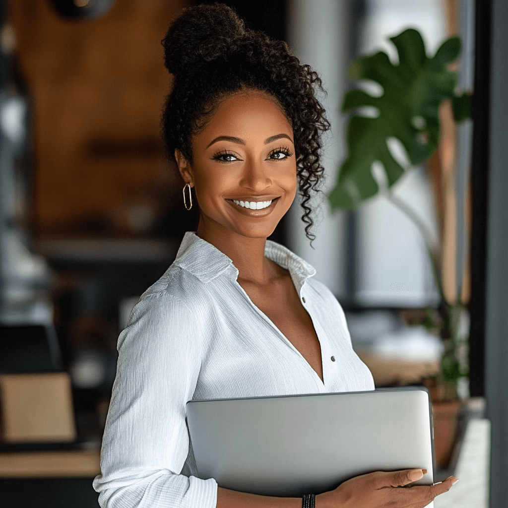 A ReusltsResourcing photo of a black woman business owner is smiling while holding her laptop.