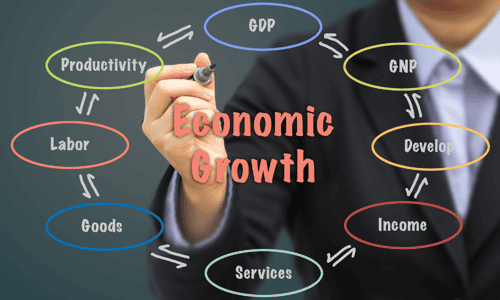 A photo of a man drawing an image that shows the correlation between the economic market