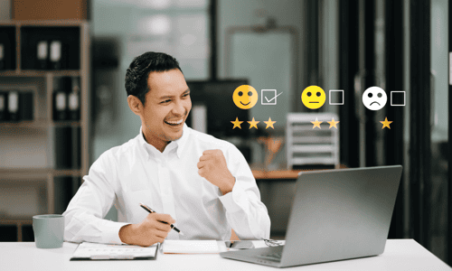 A photo of a customer service freelancer with 3 options showing customer satisfaction.