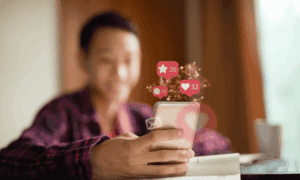 A photo of a person using social media with a technological overlay indicating ai efficiency.